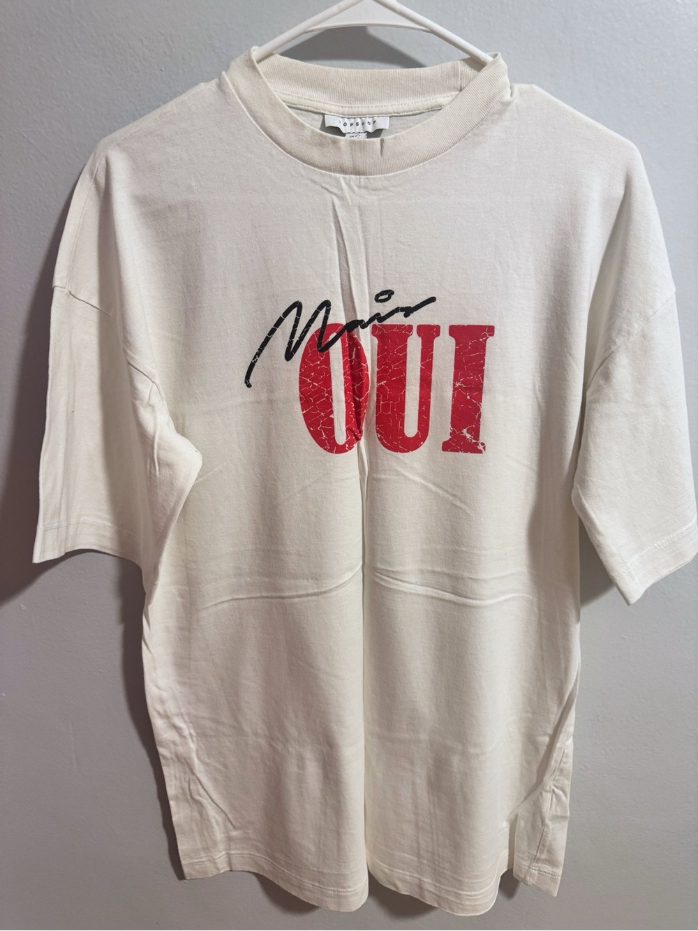 Topshop Cream Short-Sleeve Tee with Red OUI and Black Script